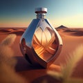 Bottle of perfume in sand. Yellow sand on the beach, man or woman unisex cosmetics.