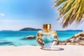 A bottle of perfume on the seashore is enveloped in a wave. Yellow sand on the beach, marine cosmetics and fragrance Royalty Free Stock Photo