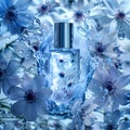 Azure flowers encircle a bottle of liquid perfume on a branch Royalty Free Stock Photo
