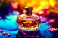 Bottle of perfume sitting on top of blue surface with colorful lights in the background. Generative AI Royalty Free Stock Photo