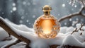bottle of perfume in the snow luxury creative , aroma design great concept