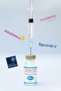 Bottle of Pfizer coronavirus vaccine with the Sputnik V, Moderna, Astra Zeneca and Oxford University logos and syringe Royalty Free Stock Photo