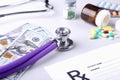 Bottle of pills, dollars banknotes and stethoscope lying on cardiogram chart closeup. medical costs and healthcare Royalty Free Stock Photo