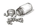 Hand drawn bottle with pills. Pharmacy, medicine concept. Sketch vector illustration