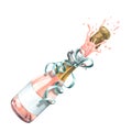 A bottle of pink champagne with a festive ribbon and a fountain, an explosion of champagne with a cork. Watercolor