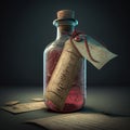 A bottle with pink liquid in it with labels on a dark background. Created with Generative AI