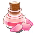 Bottle with pink liquid, wooden cap and petals. Glass flacon with perfume or magic potion and roses in cartoon style Royalty Free Stock Photo