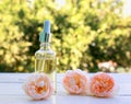 Bottle with a pipette and rose oil lies on a wooden table in a Sunny garden next to delicate pink fragrant flowers Royalty Free Stock Photo