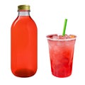 Bottle and plastic cup with red drink inside on PNG background. Generative AI. Royalty Free Stock Photo