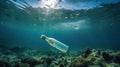 Bottle Plastic Pollution In Ocean - Underwater Shine With garbage Floating On Sea - Environmental Problem, generative ai Royalty Free Stock Photo