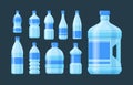 Bottle plastic set. Blue capacity bottled liquid soda cider oil convenient form blue label for sports recreation