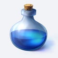 Bottle with poison. Glass bottle with blue water. Cartoon game icon of magic bottle