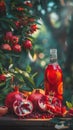 Pomegranate Bottle Next to Bunch of Pomegranates