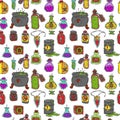 Bottle with potion game magic glass elixir poisoning toxic substance dangerous toxin drug container seamless pattern