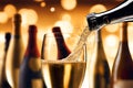 Bottle pouring champagne or sparkling wine into a glass with blurred background.