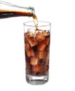 Bottle pouring coke in drink glass with ice cubes Isolated Royalty Free Stock Photo