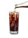 Bottle pouring coke in drink glass with ice cubes Isolated