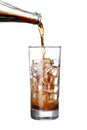 Bottle pouring coke in drink glass with ice cubes Isolated Royalty Free Stock Photo