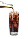 Bottle pouring coke in drink glass with ice cubes Isolated Royalty Free Stock Photo