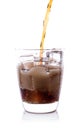 Bottle pouring Cola in drink glass with ice cubes Royalty Free Stock Photo