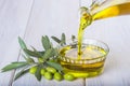 Bottle pouring virgin extra olive oil in a bowl Royalty Free Stock Photo