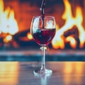 Bottle pouring into a wine glass with blurred background.