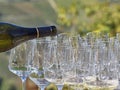 A bottle pouring wine into some glasses with the Langhe countryside in the background Royalty Free Stock Photo