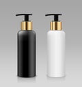 Bottle pump white and black with gold cap products collection, design on gray background