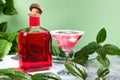 A bottle of red alcohol, next to a margarita glass is a cocktail with liquor and ice. On a marble and light green background Royalty Free Stock Photo