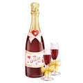 A bottle of red champagne with two glasses decorated with golden bows. Royalty Free Stock Photo
