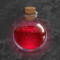 Bottle with red potion. Game icon of magic elixir. Bright design for app user interface. Royalty Free Stock Photo