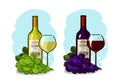 Bottle of red or white wine, glass and grapes. Winery concept. Cartoon vector illustration Royalty Free Stock Photo