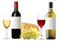 Bottle of red and white wine, glass and tasty cheese and grape