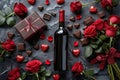 Bottle of red wine with box of chocolate candies on dark grey background Royalty Free Stock Photo