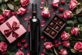 Bottle of red wine with box of chocolate candies on dark grey background Royalty Free Stock Photo