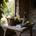 Bottle of red wine with bunches of grapes and awine glass on vintage wooden table. Cosy wine yard with a basket of red and white Royalty Free Stock Photo