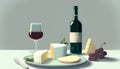 Bottle of red wine with cheese and grape, illustration, still life Royalty Free Stock Photo