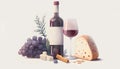 Bottle of red wine with cheese and grape,cinnamon? isolated illustration on white background, still life Royalty Free Stock Photo