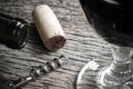 Bottle of Red Wine with Cork, Corkscrew and Glass Royalty Free Stock Photo