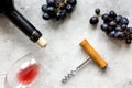 Bottle of red wine with corkscrew on white stone background Royalty Free Stock Photo