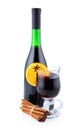 Bottle of red wine and cup of mulled wine isolated Royalty Free Stock Photo