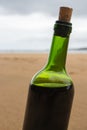 Bottle of red wine on empty beach. Homemade wine in green glass bottle. Full bottle of red wine with cork. Vacation on seacoast. Royalty Free Stock Photo
