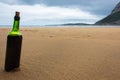 Bottle of red wine on empty beach. Homemade wine in green glass bottle. Full bottle of red wine with cork. Vacation on seacoast. Royalty Free Stock Photo