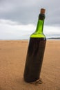 Bottle of red wine on empty beach. Homemade wine in green glass bottle. Full bottle of red wine with cork. Vacation on seacoast. Royalty Free Stock Photo