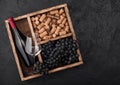 Bottle of red wine and empty glass with dark grapes with corks and corkscrew inside vintage wooden box on black stone background. Royalty Free Stock Photo