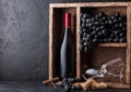 Bottle of red wine and empty glasses with dark grapes inside vintage wooden box on black stone background. Corks and corkscrew on Royalty Free Stock Photo