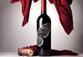 Bottle of red wine and flutters of red cloth on a black background