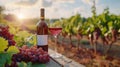 A bottle of red wine with a glass against the background of a vineyard Royalty Free Stock Photo