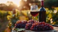A bottle of red wine with a glass against the background of a vineyard Royalty Free Stock Photo