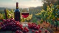 A bottle of red wine with a glass against the background of a vineyard Royalty Free Stock Photo